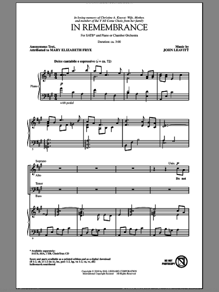 In Remembrance sheet music for choir (SATB: soprano, alto, tenor, bass) by John Leavitt and Mary Elizabeth Frye, intermediate skill level