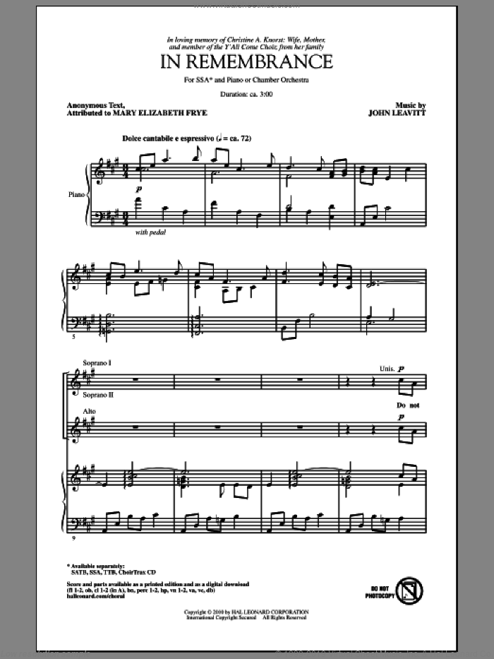 In Remembrance sheet music for choir (SSA: soprano, alto) by John Leavitt and Mary Elizabeth Frye, intermediate skill level