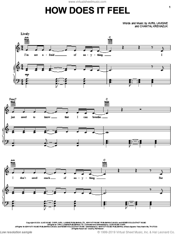 How Does It Feel sheet music for voice, piano or guitar by Avril Lavigne and Chantal Kreviazuk, intermediate skill level