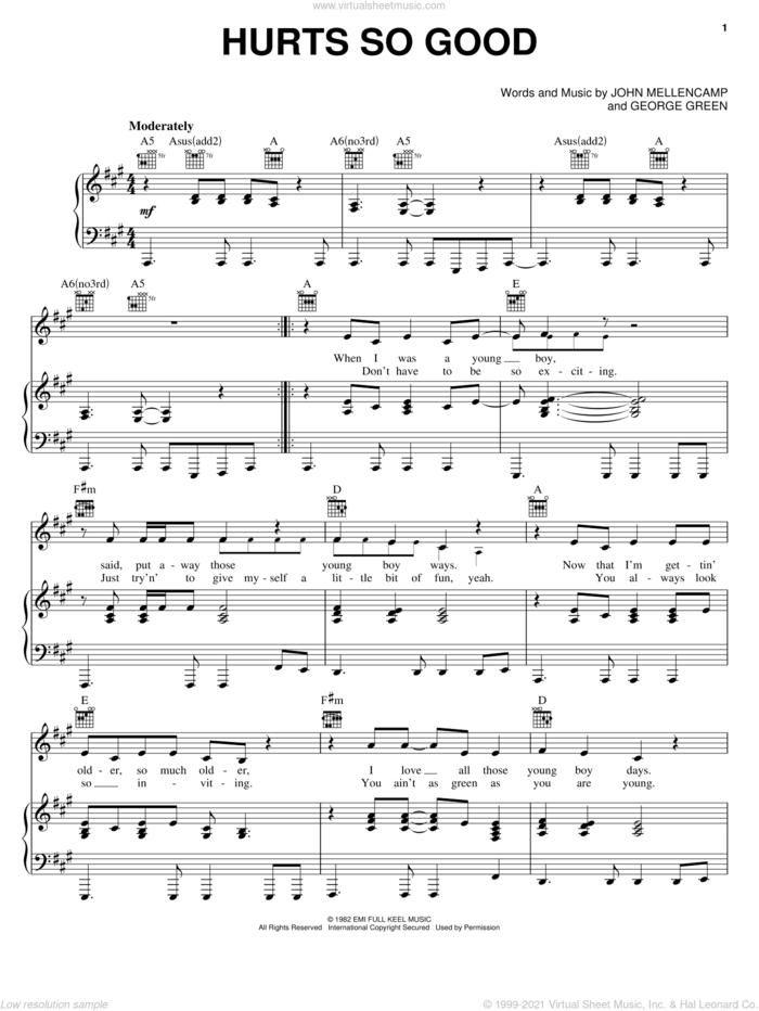 Hurts So Good sheet music for voice, piano or guitar by John Mellencamp and George Green, intermediate skill level