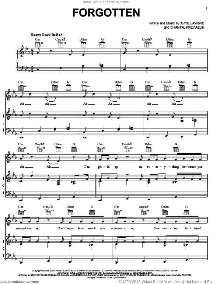 Forgotten sheet music for voice, piano or guitar by Avril Lavigne and Chantal Kreviazuk, intermediate skill level