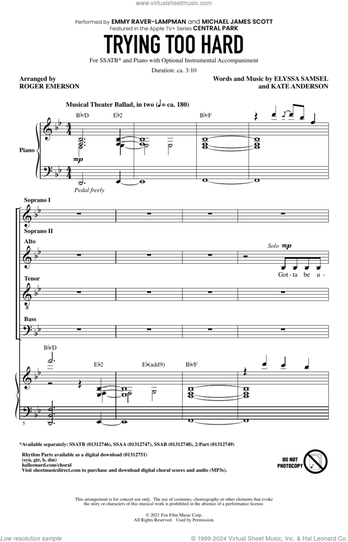Trying Too Hard (from Central Park) (arr. Roger Emerson) sheet music for choir (SSATB) by Emmy Raver-Lampman and Michael James Scott, Roger Emerson, Elyssa Samsel and Kate Anderson, intermediate skill level