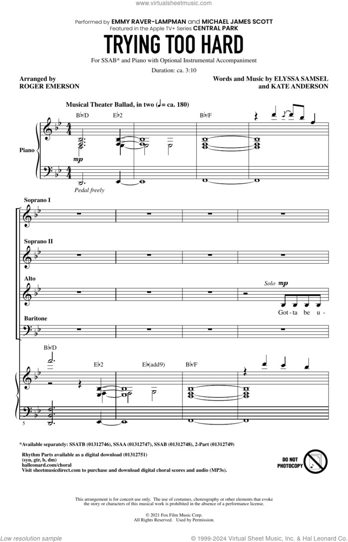 Trying Too Hard (from Central Park) (arr. Roger Emerson) sheet music for choir (SSAB) by Emmy Raver-Lampman and Michael James Scott, Roger Emerson, Elyssa Samsel and Kate Anderson, intermediate skill level