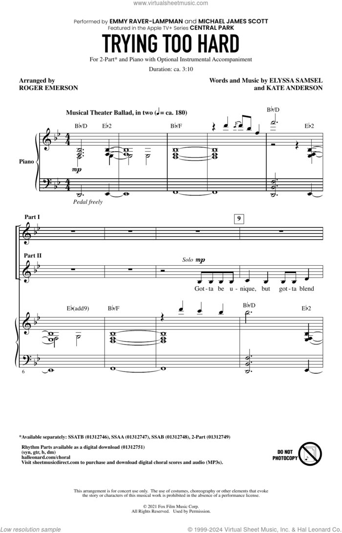 Trying Too Hard (from Central Park) (arr. Roger Emerson) sheet music for choir (2-Part) by Emmy Raver-Lampman and Michael James Scott, Roger Emerson, Elyssa Samsel and Kate Anderson, intermediate duet