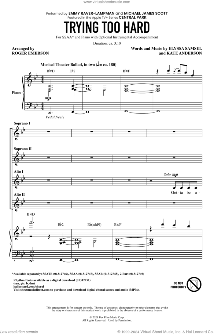 Trying Too Hard (from Central Park) (arr. Roger Emerson) sheet music for choir (SSAA: soprano, alto) by Emmy Raver-Lampman and Michael James Scott, Roger Emerson, Elyssa Samsel and Kate Anderson, intermediate skill level
