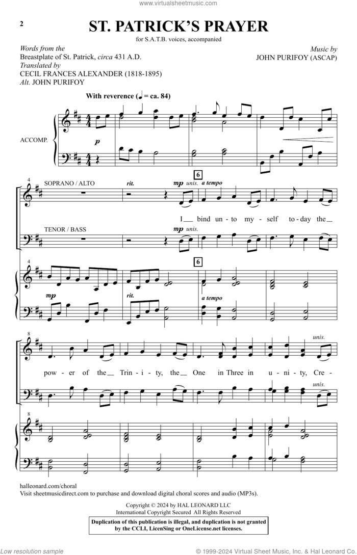 St. Patrick's Prayer sheet music for choir (SATB: soprano, alto, tenor, bass) by John Purifoy, Cecil Alexander and St. Patrick, ca. 431 AD, intermediate skill level