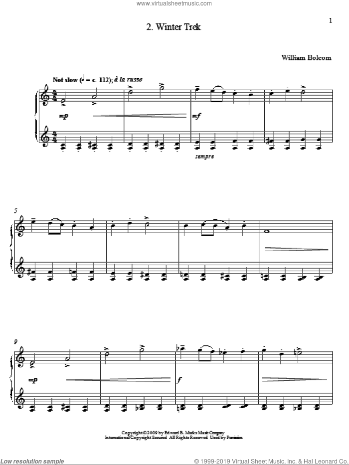 Winter Trek sheet music for piano solo by William Bolcom, classical score, intermediate skill level