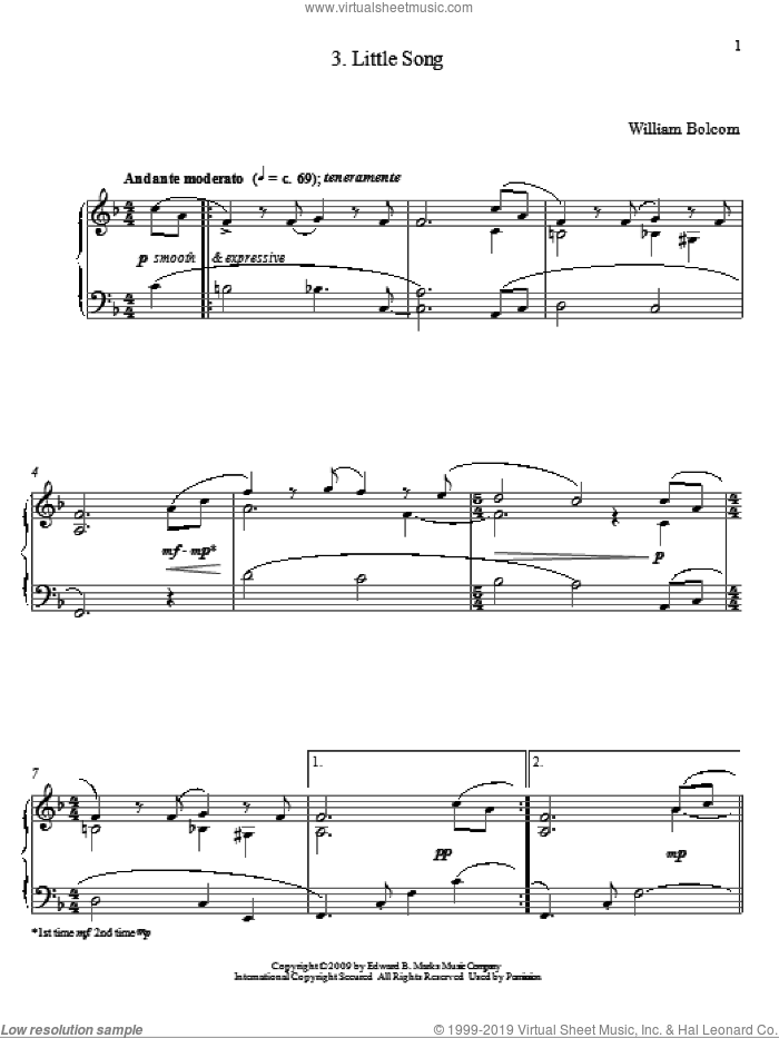 Little Song sheet music for piano solo by William Bolcom, classical score, intermediate skill level