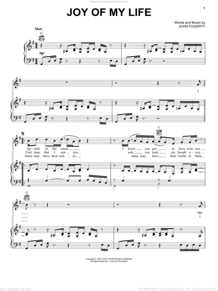 Joy Of My Life sheet music for voice, piano or guitar by John Fogerty, intermediate skill level