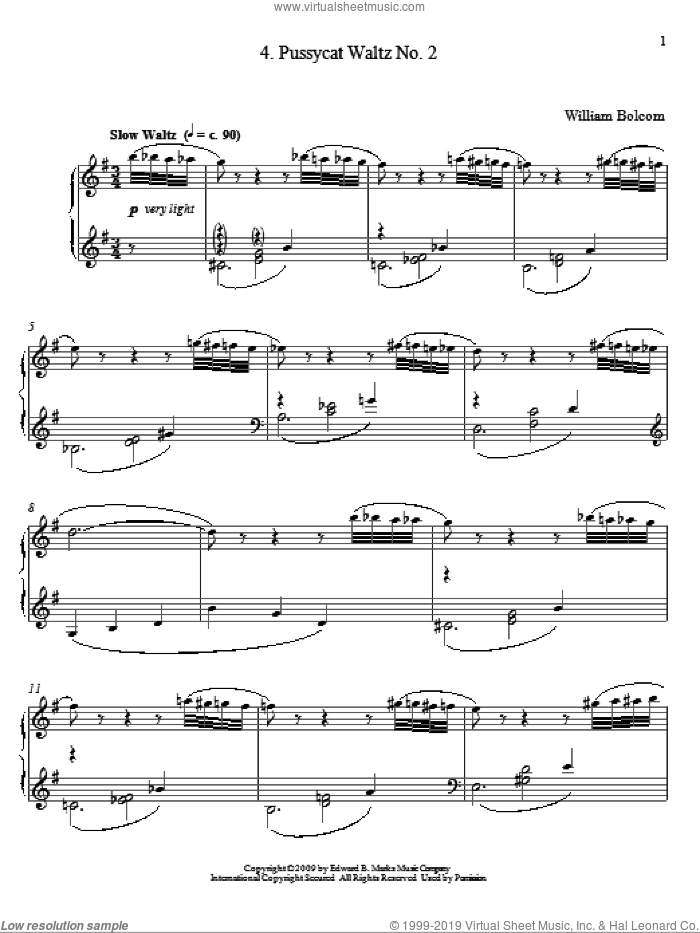 Pussycat Waltz No. 2 sheet music for piano solo by William Bolcom, classical score, intermediate skill level
