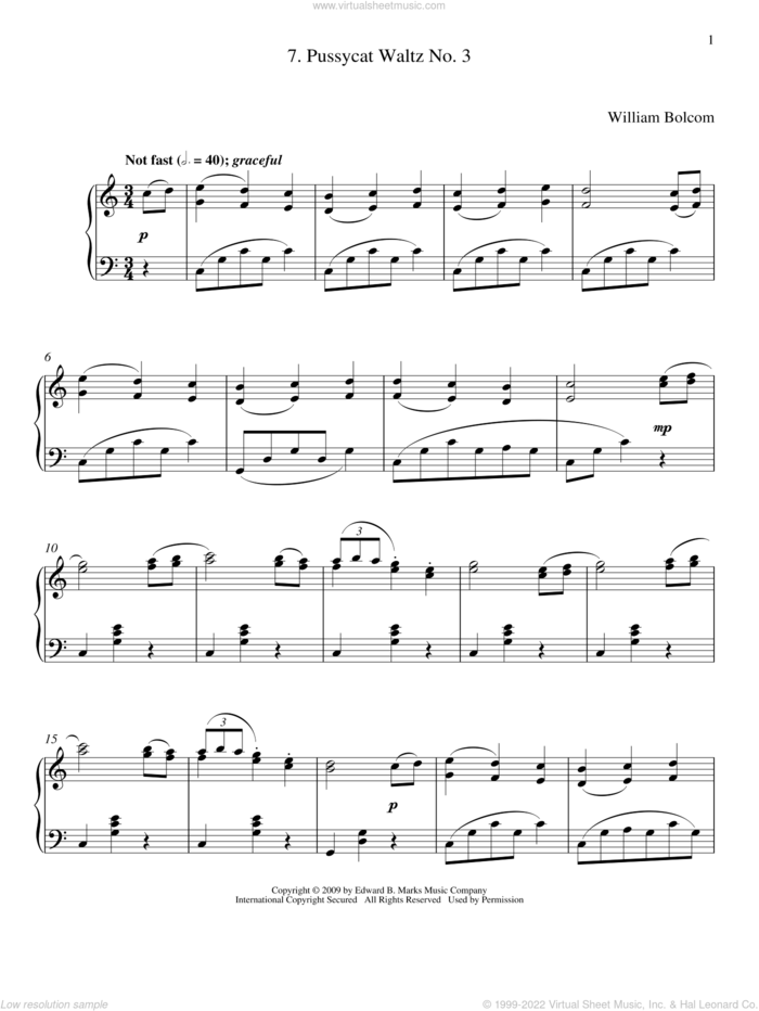 Pussycat Waltz No. 3 sheet music for piano solo by William Bolcom, classical score, intermediate skill level