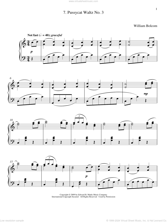 Pussycat Waltz No. 3 sheet music for piano solo by William Bolcom, classical score, intermediate skill level