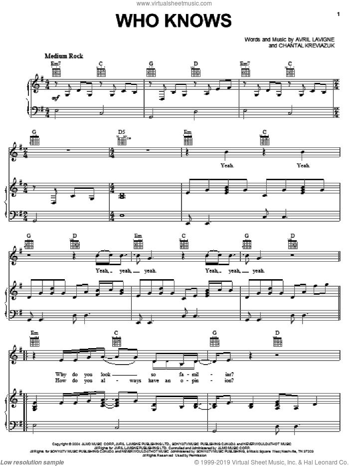 Who Knows sheet music for voice, piano or guitar by Avril Lavigne and Chantal Kreviazuk, intermediate skill level