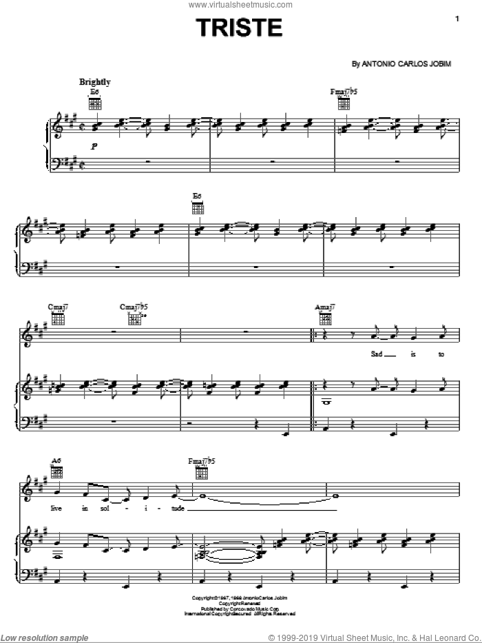 Triste sheet music for voice, piano or guitar by Antonio Carlos Jobim, intermediate skill level