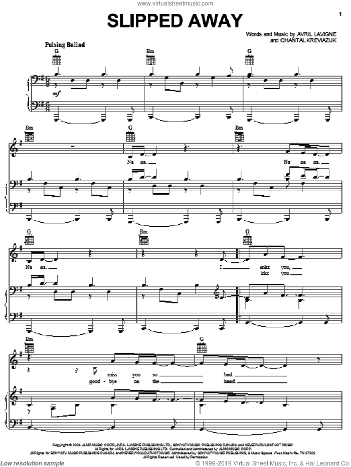 Slipped Away sheet music for voice, piano or guitar by Avril Lavigne and Chantal Kreviazuk, intermediate skill level