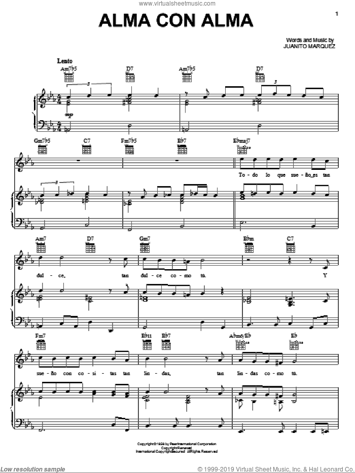 Alma Con Alma sheet music for voice, piano or guitar by Juanito Marquez, intermediate skill level