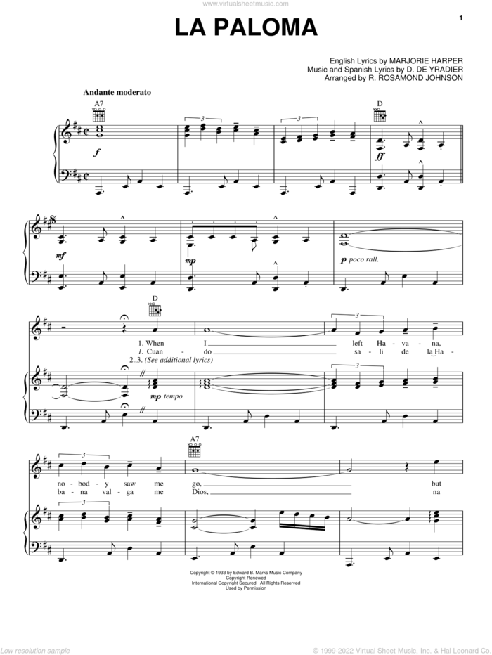 La Paloma sheet music for voice, piano or guitar by Marjorie Harper, D. De Yradier and R. Rosamond Johnson, intermediate skill level