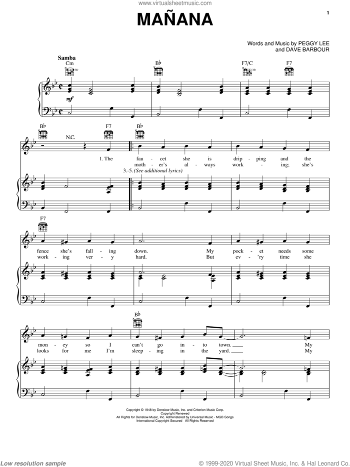Manana sheet music for voice, piano or guitar by Peggy Lee and Dave Barbour, intermediate skill level