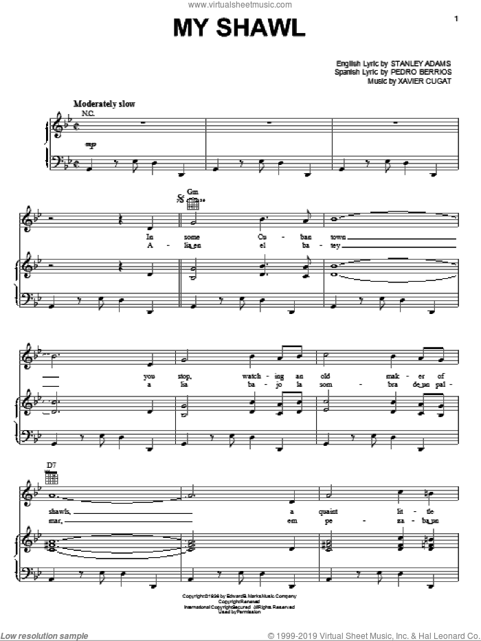 My Shawl sheet music for voice, piano or guitar by Xavier Cugat, Pedro Berrios and Stanley Adams, intermediate skill level