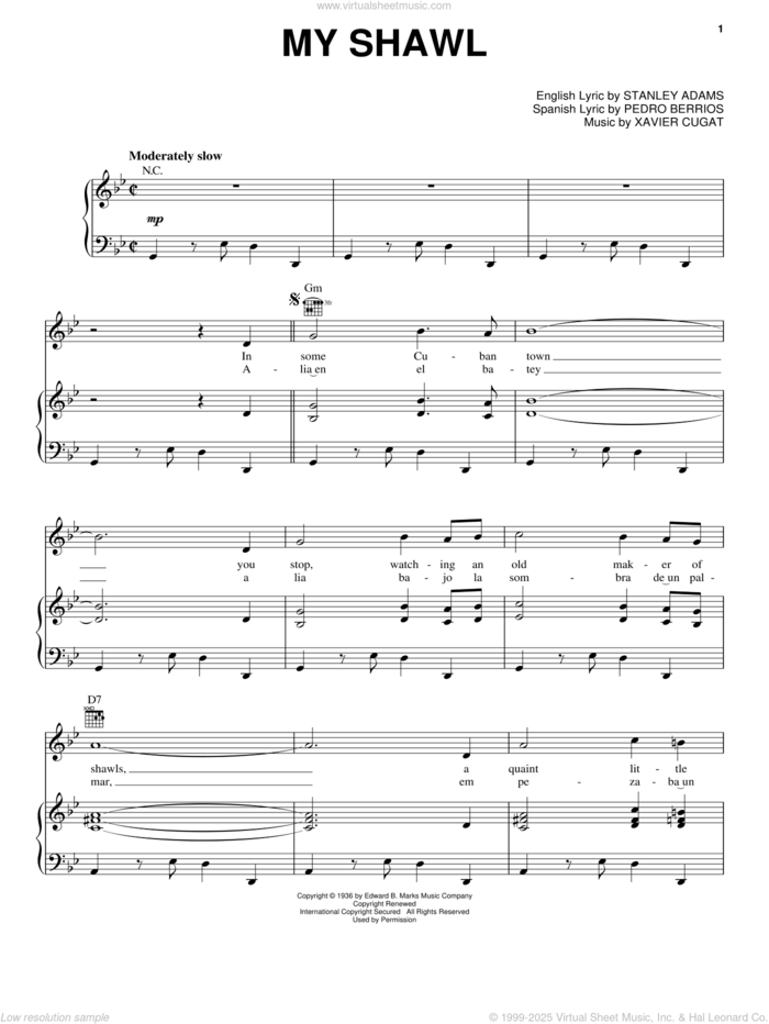 My Shawl sheet music for voice, piano or guitar by Xavier Cugat, Pedro Berrios and Stanley Adams, intermediate skill level