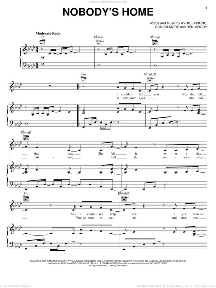 Nobody's Home sheet music for voice, piano or guitar by Avril Lavigne, Ben Moody and Don Gilmore, intermediate skill level