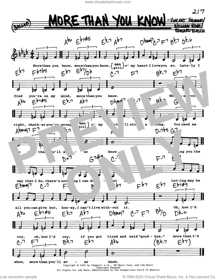 More Than You Know (Low Voice) sheet music for voice and other instruments (real book with lyrics) by Vincent Youmans, Edward Eliscu and William Rose, intermediate skill level