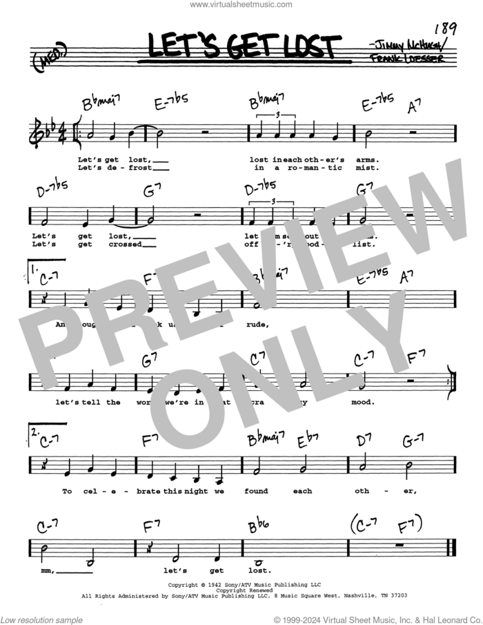Let's Get Lost (Low Voice) sheet music for voice and other instruments (real book with lyrics) by Frank Loesser, Vaughn Monroe and Jimmy McHugh, intermediate skill level