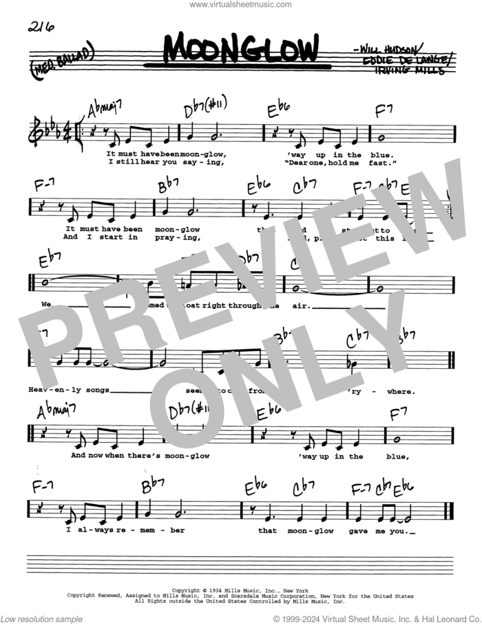 Moonglow (Low Voice) sheet music for voice and other instruments (real book with lyrics) by Irving Mills, Eddie DeLange and Will Hudson, intermediate skill level