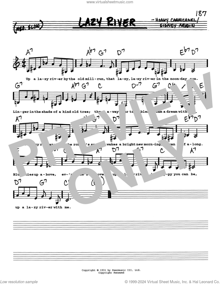 Lazy River (Low Voice) sheet music for voice and other instruments (real book with lyrics) by Hoagy Carmichael and Sidney Arodin, intermediate skill level