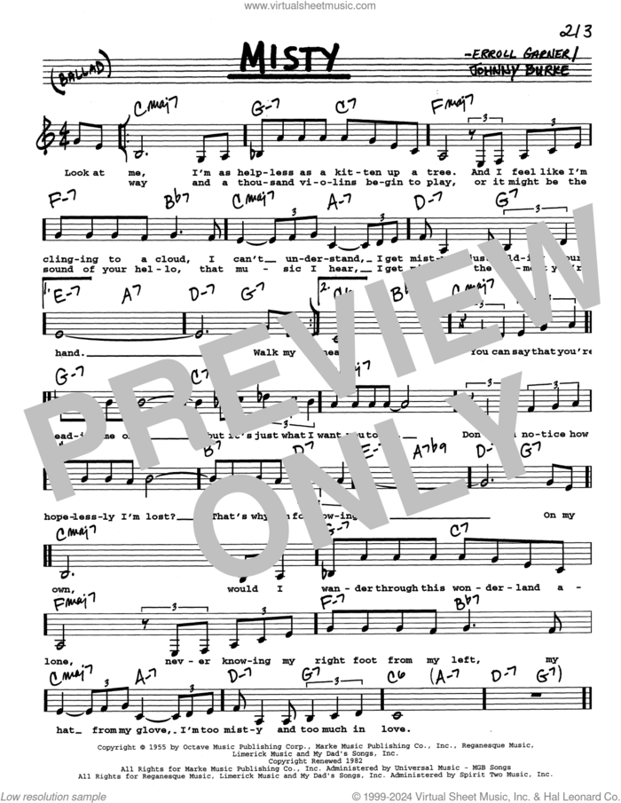 Misty (Low Voice) sheet music for voice and other instruments (real book with lyrics) by John Burke, Johnny Mathis and Erroll Garner, intermediate skill level