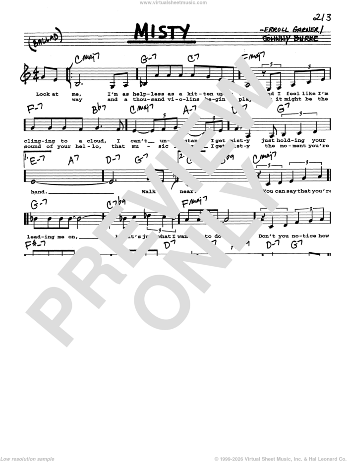 Misty (Low Voice) sheet music for voice and other instruments (real book with lyrics) by John Burke, Johnny Mathis and Erroll Garner, intermediate skill level