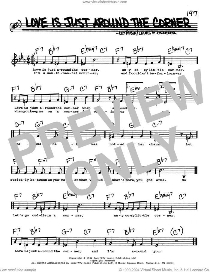 Love Is Just Around The Corner (Low Voice) sheet music for voice and other instruments (real book with lyrics) by Leo Robin and Lewis E. Gensler, intermediate skill level