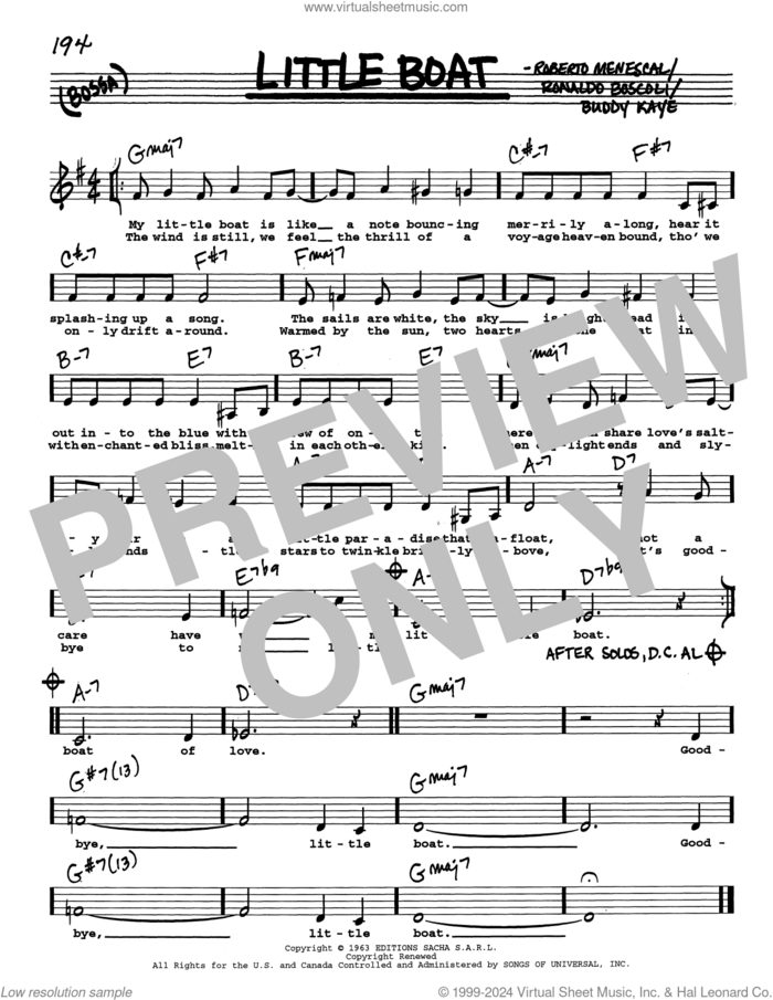 Little Boat (O Barquinho) (Low Voice) sheet music for voice and other instruments (real book with lyrics) by Buddy Kaye, Roberto Menescal and Ronaldo Boscoli, intermediate skill level