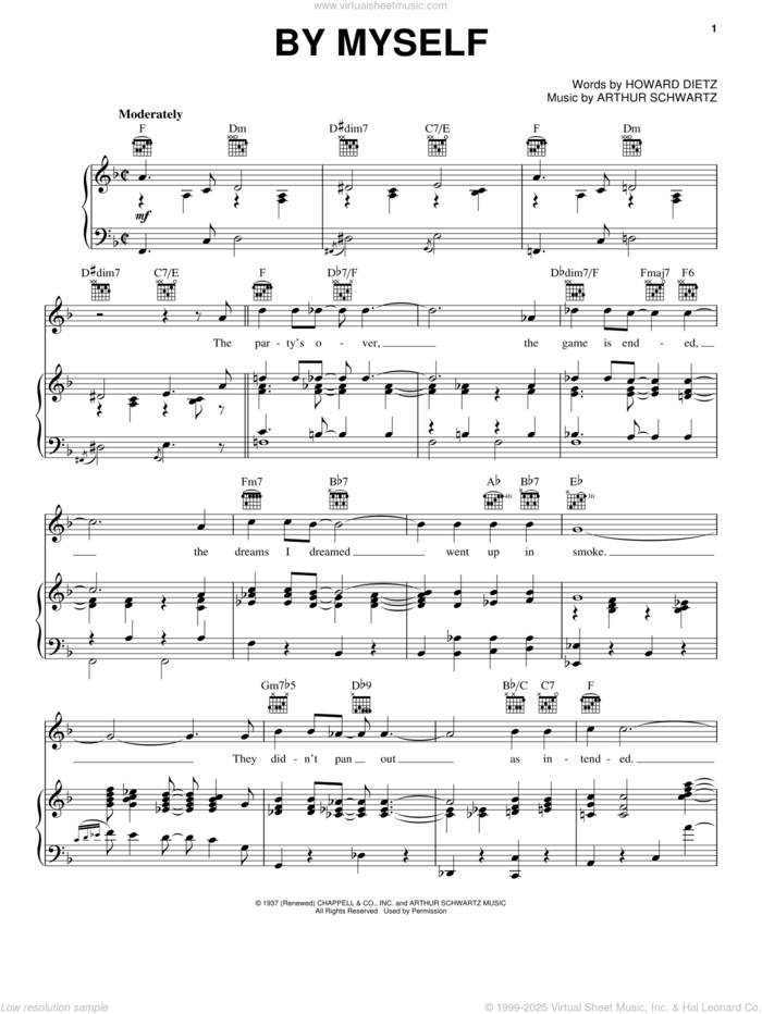 By Myself sheet music for voice, piano or guitar by Howard Dietz and Arthur Schwartz, intermediate skill level