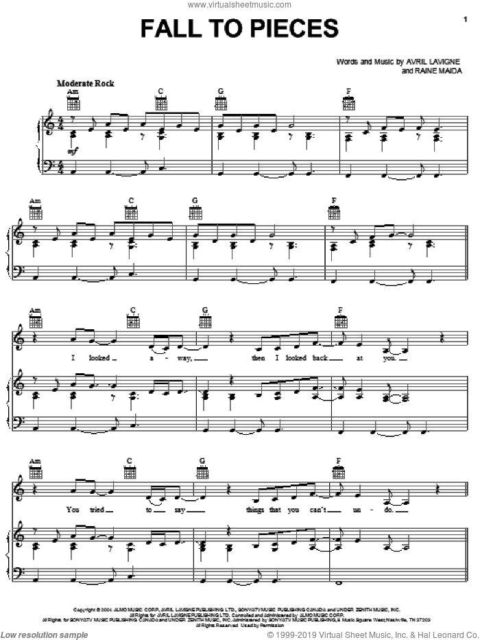 Fall To Pieces sheet music for voice, piano or guitar by Avril Lavigne and Raine Maida, intermediate skill level