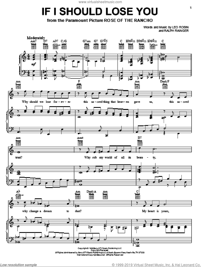 If I Should Lose You sheet music for voice, piano or guitar by Ralph Rainger and Leo Robin, intermediate skill level