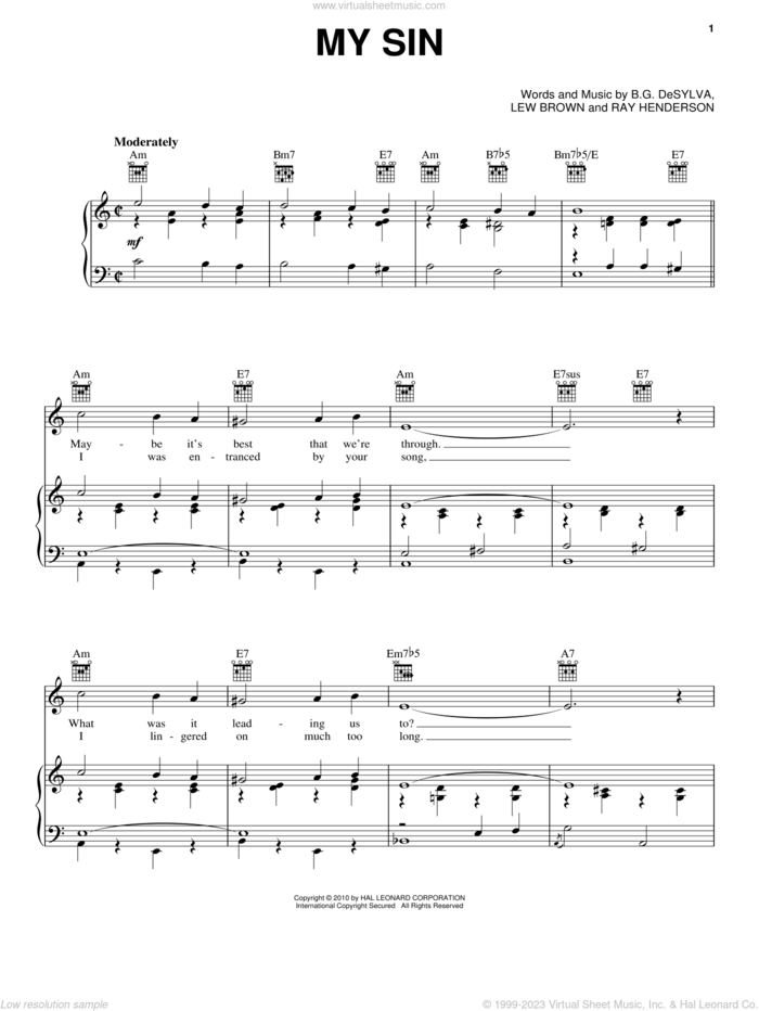 My Sin sheet music for voice, piano or guitar by Buddy DeSylva, Lew Brown and Ray Henderson, intermediate skill level