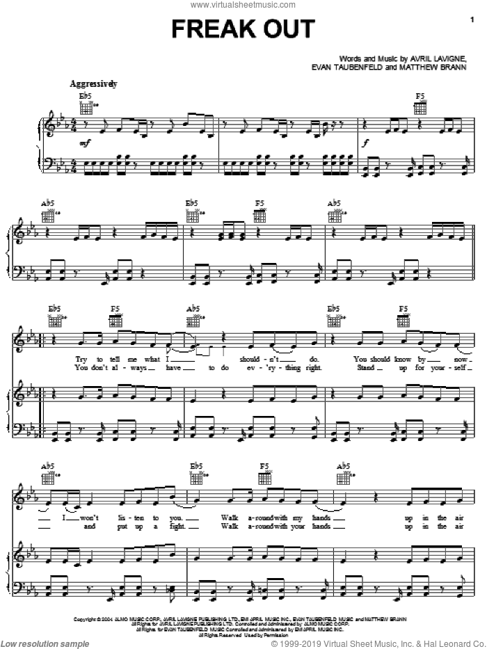 Freak Out sheet music for voice, piano or guitar by Avril Lavigne, Evan Taubenfeld and Matthew Brann, intermediate skill level