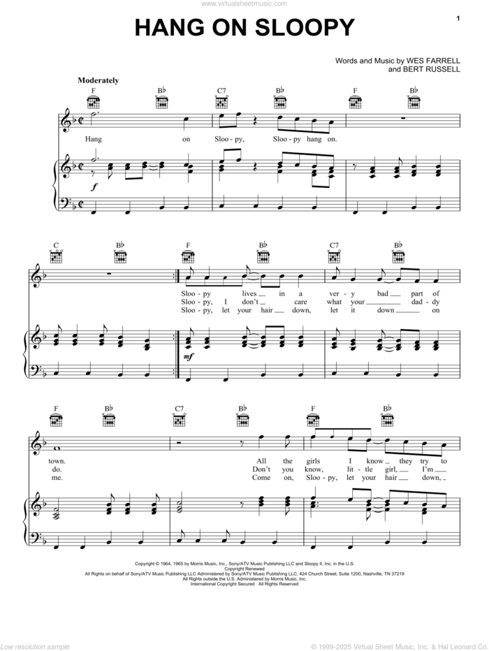 Hang On Sloopy sheet music for voice, piano or guitar by The McCoys, Bert Russell and Wes Farrell, intermediate skill level