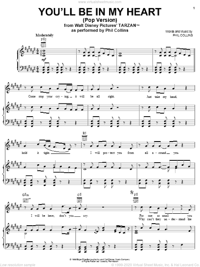 You'll Be In My Heart (Pop Version) (from Tarzan) sheet music for voice, piano or guitar by Phil Collins, intermediate skill level