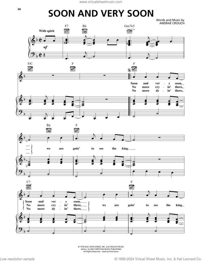 Soon And Very Soon sheet music for voice, piano or guitar by Andrae Crouch, intermediate skill level