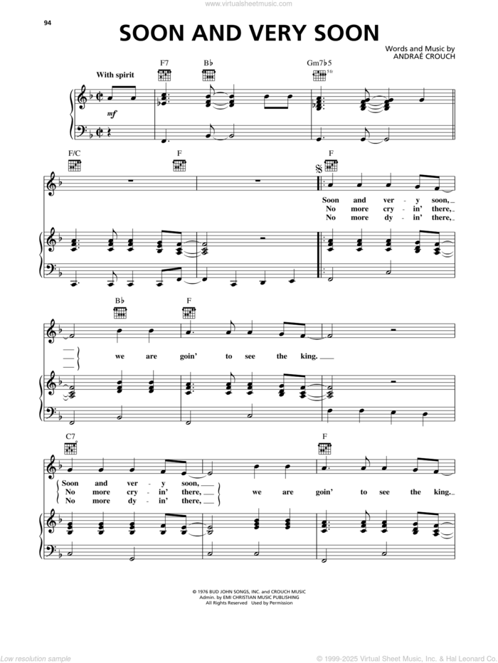 Soon And Very Soon sheet music for voice, piano or guitar by Andrae Crouch, intermediate skill level