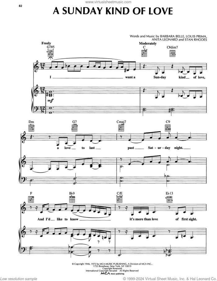 A Sunday Kind Of Love sheet music for voice, piano or guitar by Reba McEntire, Anita Nye Leonard, Barbara Belle, Louis Prima and Stanley Rhodes, intermediate skill level
