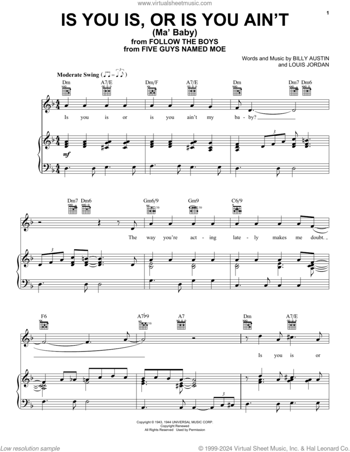 Is You Is, Or Is You Ain't (Ma' Baby) sheet music for voice, piano or guitar by Louis Jordan, Louis Jordan and his Tympany Five and Billy Austin, intermediate skill level