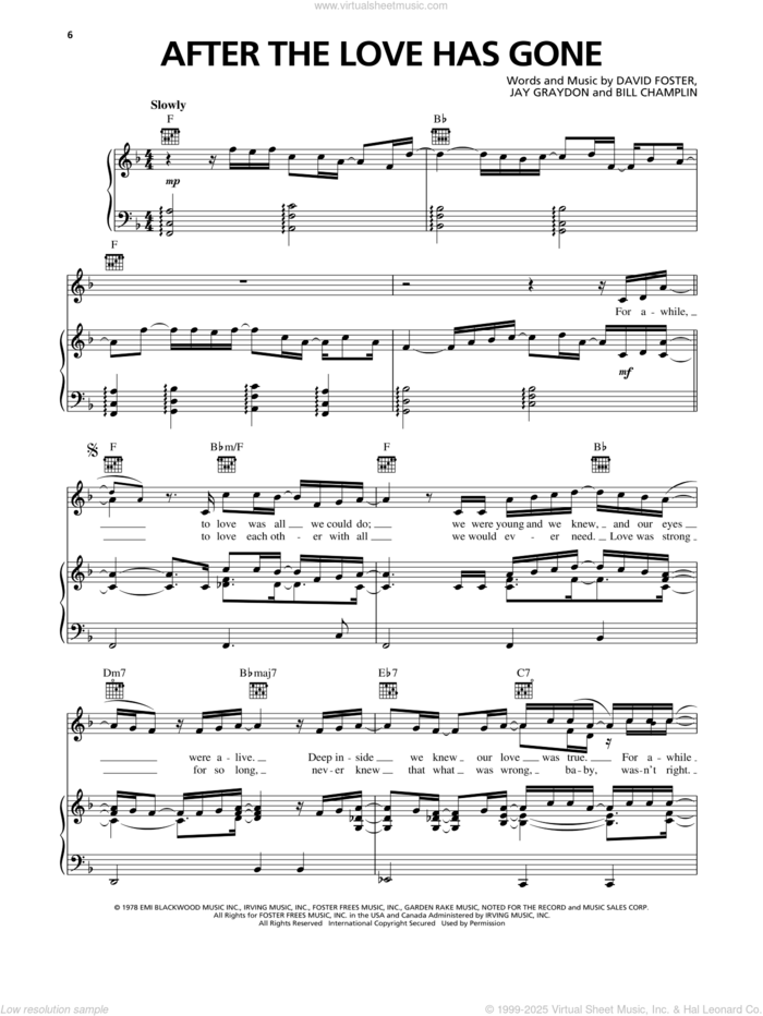 After The Love Has Gone sheet music for voice, piano or guitar by Earth, Wind & Fire, Bill Champlin, David Foster and Jay Graydon, intermediate skill level