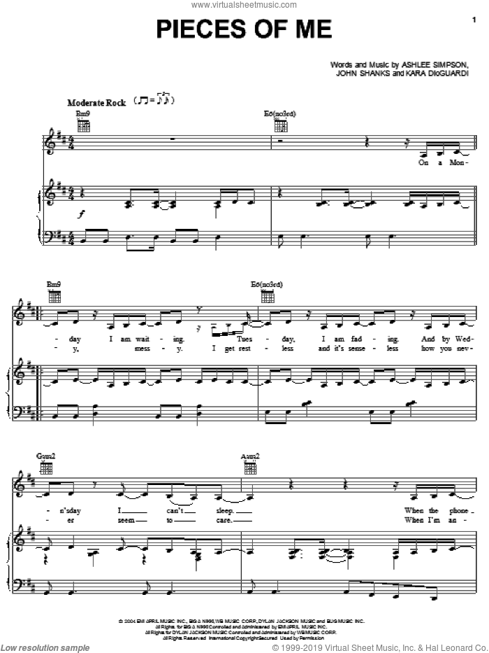 Pieces Of Me sheet music for voice, piano or guitar by Ashlee Simpson, Kara DioGuardi and John Shanks, intermediate skill level