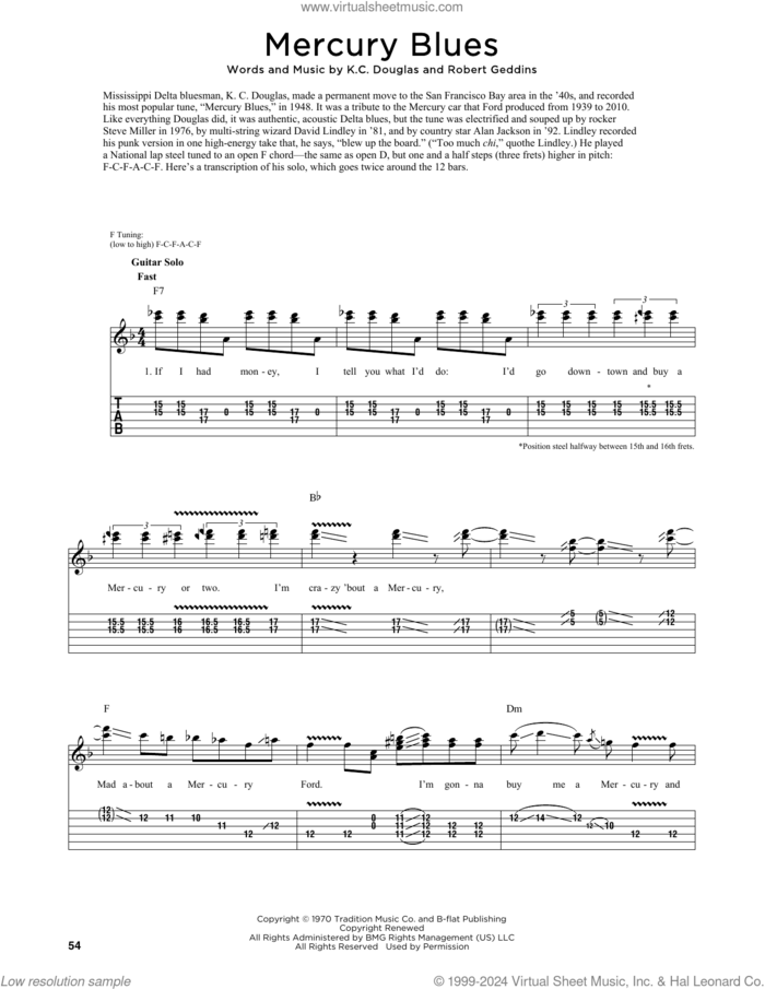 Mercury Blues sheet music for guitar (tablature) by Alan Jackson, Fred Sokolow, K.C. Douglas and Robert Geddins, intermediate skill level