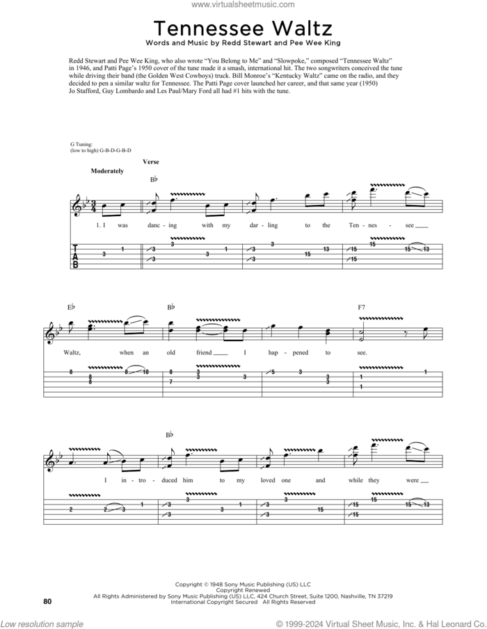 Tennessee Waltz sheet music for guitar (tablature) by Patti Page, Fred Sokolow, Pee Wee King and Redd Stewart, intermediate skill level