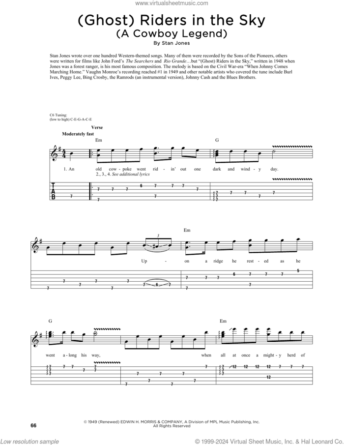 (Ghost) Riders In The Sky (A Cowboy Legend) sheet music for guitar (tablature) by Johnny Cash, Fred Sokolow, The Ramrods and Stan Jones, intermediate skill level