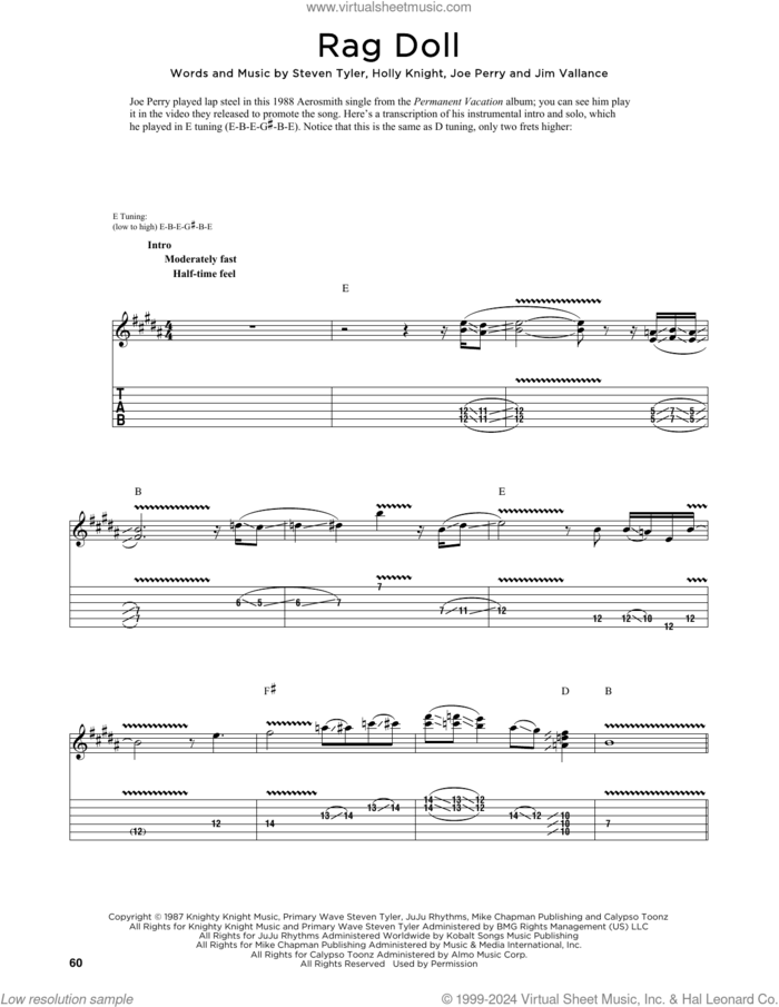 Rag Doll sheet music for guitar (tablature) by Aerosmith, Fred Sokolow, Holly Knight, Jim Vallance, Joe Perry and Steven Tyler, intermediate skill level
